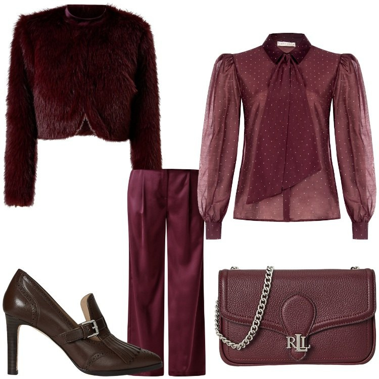 Outfit donna - Serata a teatro. Stile Chic per Serata fuori. Abbinamento con blazer, pantaloni a palazzo, camicie, décolleté, clutch.