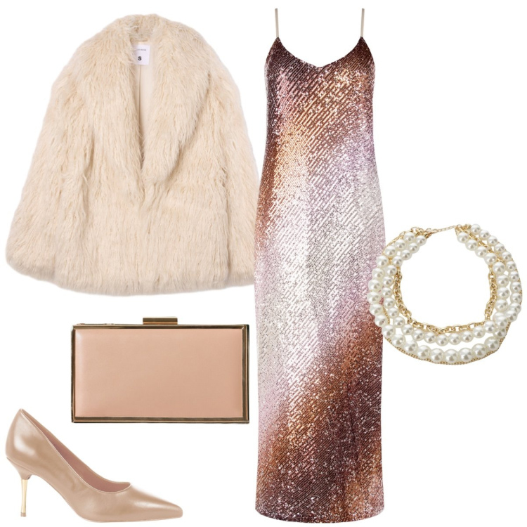Outfit donna - Total look #2286799. Stile Glamour per Serata fuori. Abbinamento con ecopellicce, vestiti lunghi, décolleté, pochette, collane.