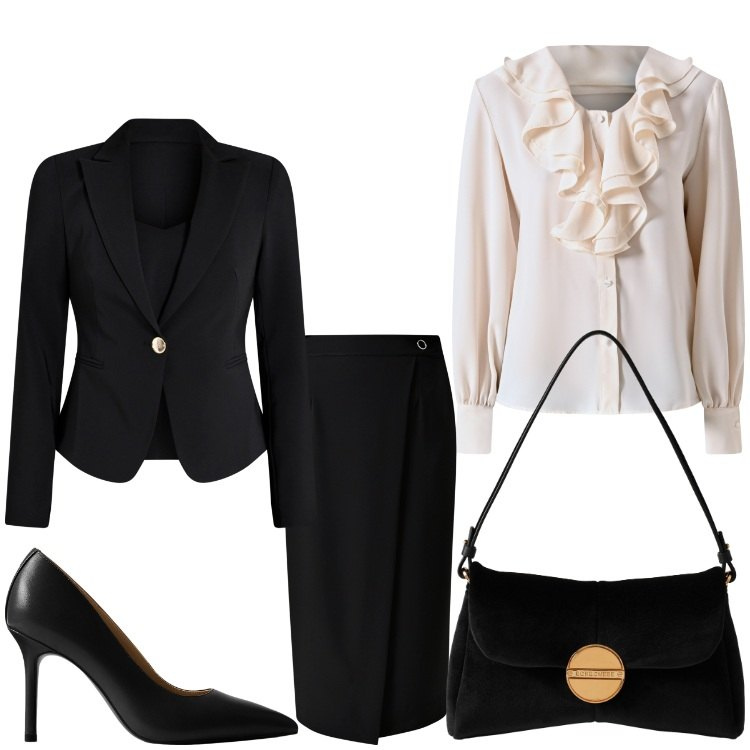 Outfit donna - Novembre chic. Stile Chic per Serata fuori. Abbinamento con blazer, gonne, bluse, borse a tracolla, décolleté.