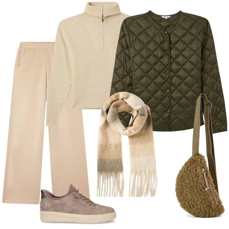 Outfit donna - Total look #2286801. Stile Casual per Tutti i giorni. Abbinamento con piumini, pantaloni, maglieria, sciarpe, marsupi, sneakers.