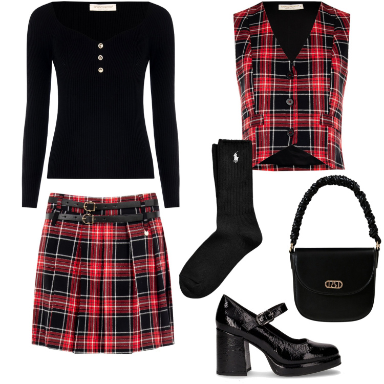 Outfit donna - Rinascimento - Black Friday 2025. Stile Preppy per Serata fuori. Abbinamento con pullovers, borse a mano, gilet, minigonne, calzini, décolleté.