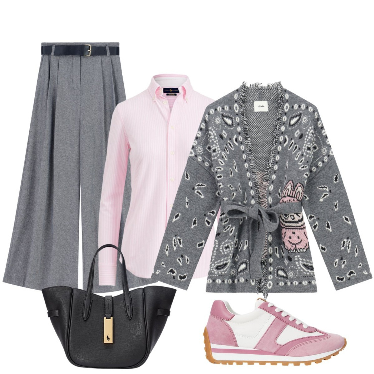 Outfit donna - Lezione a scuola. Stile Casual chic per Scuola/Università. Abbinamento con pantaloni a palazzo, cardigans, borse tote, sneakers, camicie.