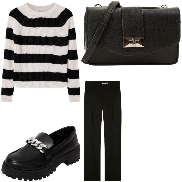 Outfit donna - Serata a righe. Stile Chic per Serata fuori. Abbinamento con mocassini, pantaloni, maglieria, borse a tracolla.