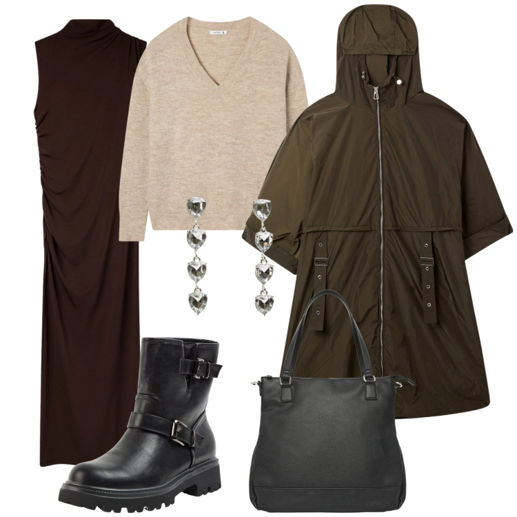 Outfit donna - Total look #2286807. Stile Casual chic per Tutti i giorni. Abbinamento con trench, orecchini, stivaletti, vestiti lunghi, shopping bag, maglieria.