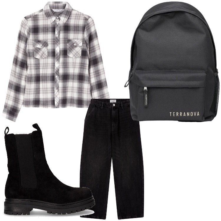 Outfit donna - In gita. Stile Casual per Tutti i giorni. Abbinamento con camicie, zaini, jeans, stivaletti chelsea.