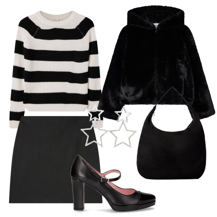 Outfit donna - Sabato pomeriggio con le amiche. Stile Chic per Tutti i giorni. Abbinamento con orecchini, borse a mano, minigonne, maglieria, ecopellicce, décolleté.