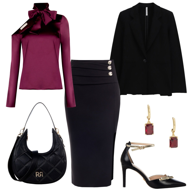 Outfit donna - Total look #2286810. Stile Glamour per Serata fuori. Abbinamento con gonne, borse a tracolla, décolleté, bluse, blazer, orecchini.