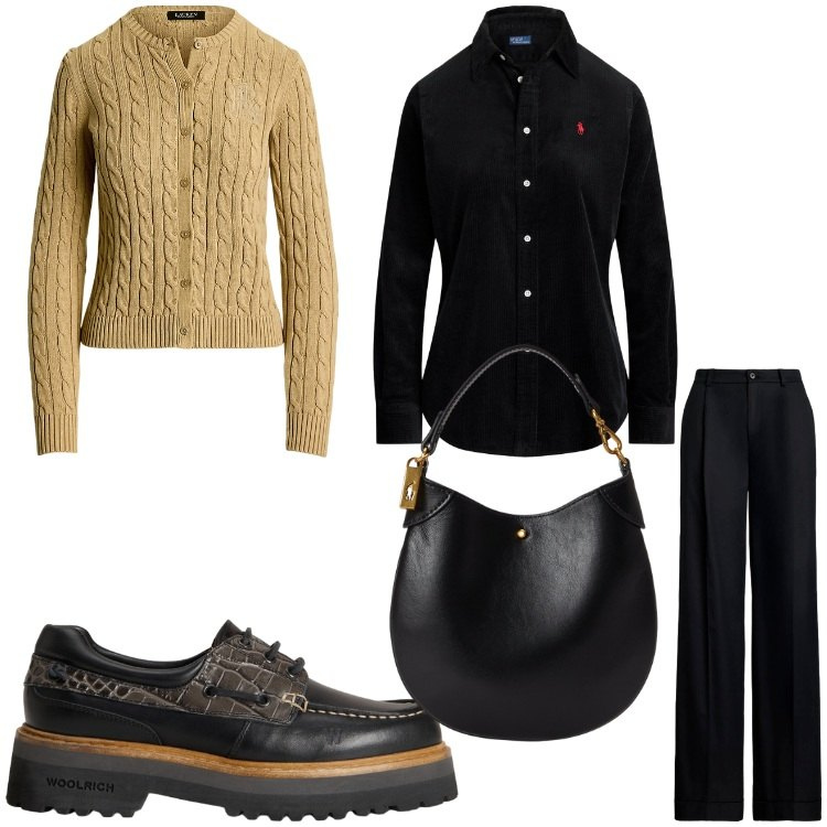 Outfit donna - In ufficio. Stile Casual chic per Ufficio. Abbinamento con camicie, cardigans, pantaloni, pochette, mocassini.