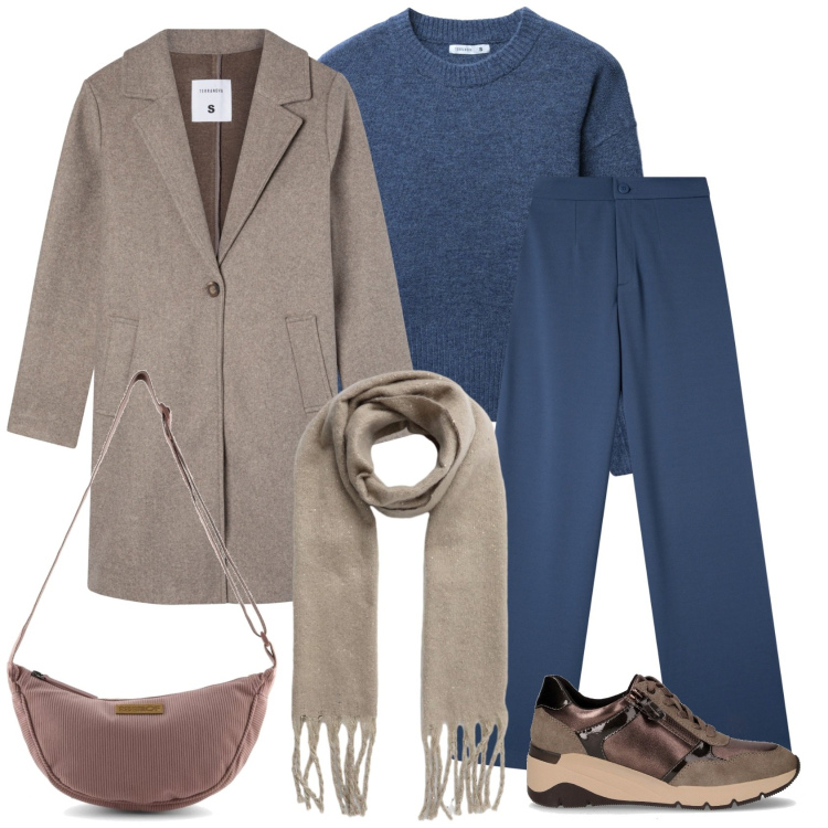 Outfit donna - Commissioni. Stile Casual per Tutti i giorni. Abbinamento con pantaloni, maglieria, cappotti, sciarpe, borse a tracolla, sneakers alte.