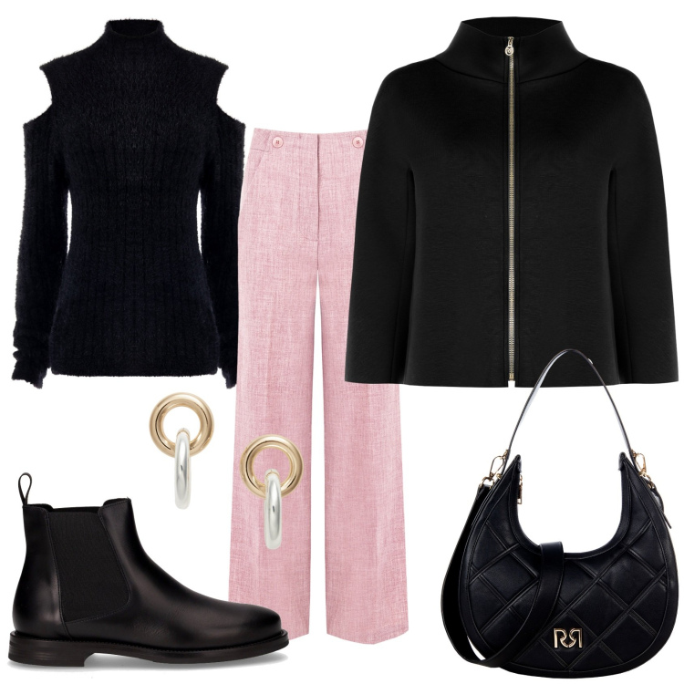 Outfit donna - Total look #2286817. Stile Casual chic per Ufficio. Abbinamento con pantaloni, maglieria, borse a tracolla, cappe, orecchini, stivaletti chelsea.