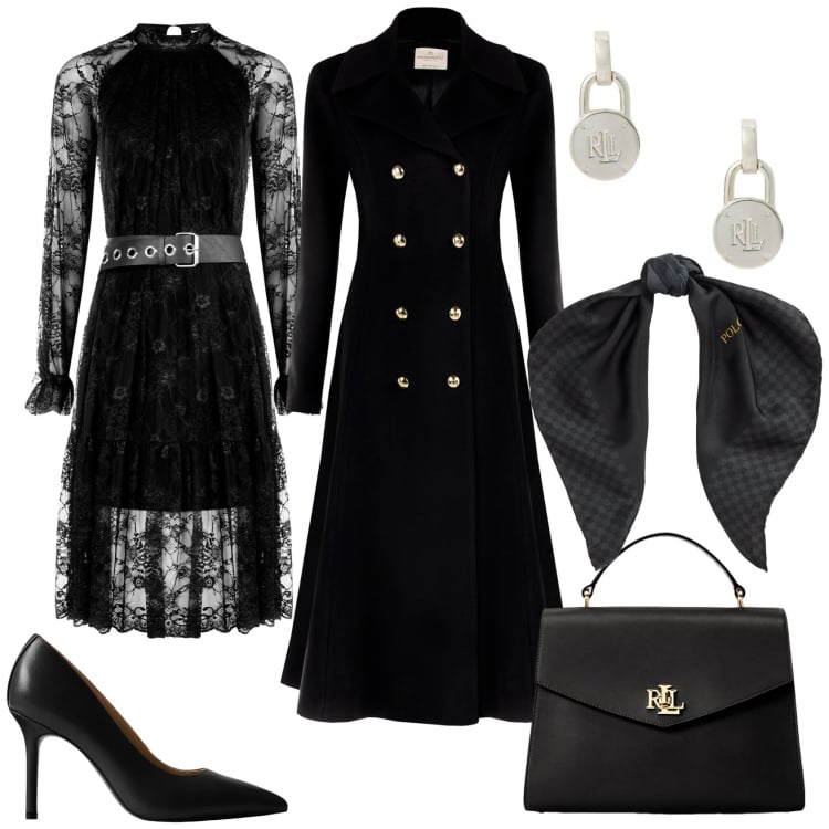 Outfit donna - Total look #2286820. Stile Glamour per Serata fuori. Abbinamento con vestiti midi/longuette, cappotti, borse a mano, décolleté, orecchini, foulard.