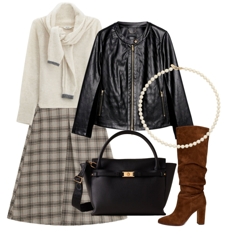 Outfit donna - Novembre. Stile Chic per Tutti i giorni. Abbinamento con maglieria, borse a mano, gonne longuette, stivali, collane, giacche.