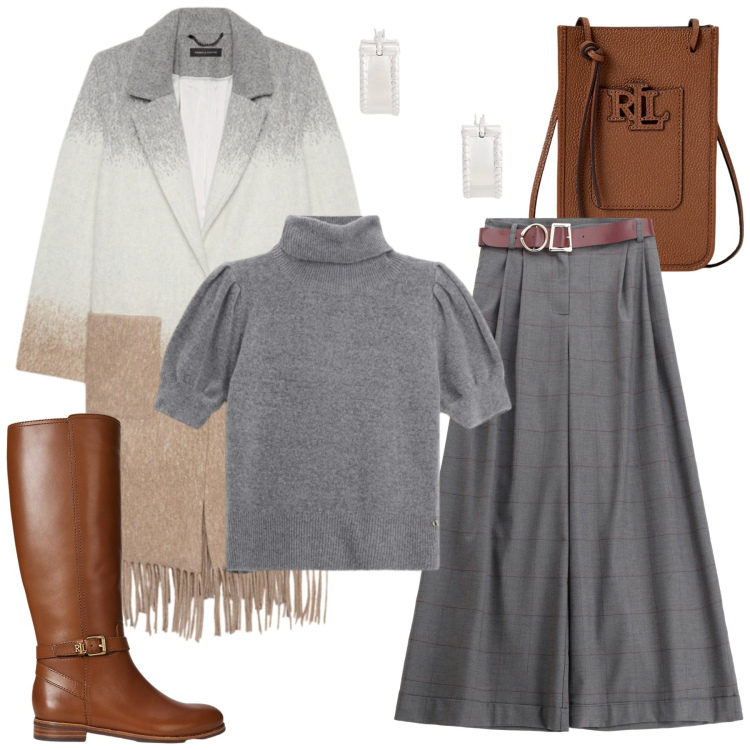 Outfit donna - Cozy & Chic. Stile Casual chic per Tutti i giorni. Abbinamento con pantaloni, maglieria, borse a tracolla, stivali, orecchini, cappotti.