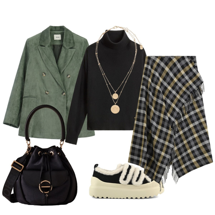 Outfit donna - La gonna portafoglio con le frange. Stile Casual chic per Ufficio. Abbinamento con borse a secchiello, gonne lunghe, blazer, ciondoli, maglieria, sneakers.