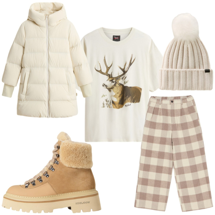 Outfit donna - In Baita. Stile Casual per Tutti i giorni. Abbinamento con pantaloni, piumini, t-shirt, berretti, stivaletti.