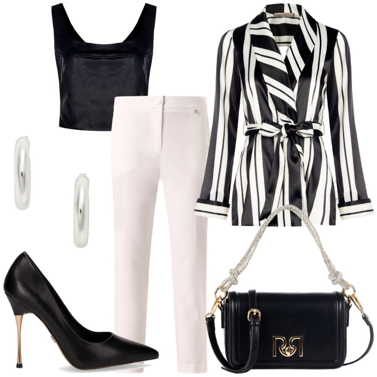 Outfit donna - Serata speciale. Stile Glamour per Serata fuori. Abbinamento con pantaloni, blazer, top, borse a mano, orecchini, décolleté.