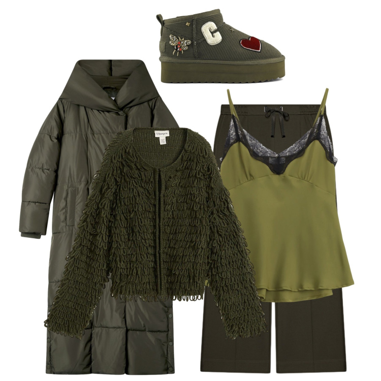 Outfit donna - Solo green. Stile Trendy per Tutti i giorni. Abbinamento con cardigans, cappotti, top, pantaloni, stivali.