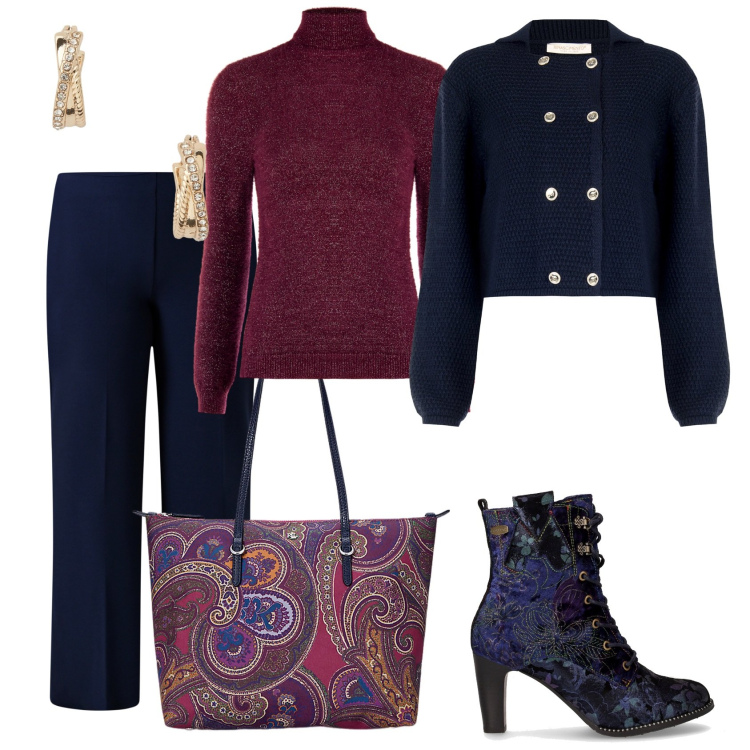 Outfit donna - Total look #2286836. Stile Chic per Ufficio. Abbinamento con pantaloni a palazzo, blazer, pullovers, borse tote, orecchini, stivaletti.