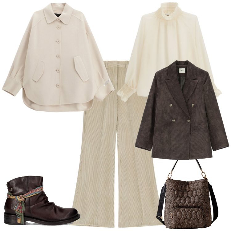 Outfit donna - Total look #2286842. Stile Trendy per Tutti i giorni. Abbinamento con pantaloni a palazzo, cappotti, camicie, borse a secchiello, blazer, stivaletti chelsea.