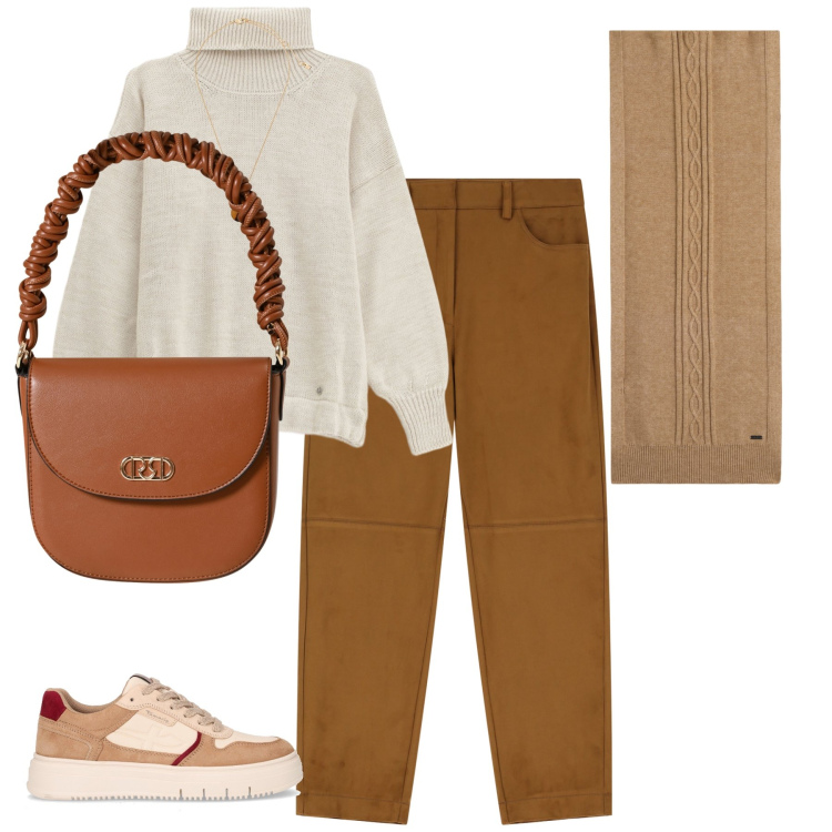 Outfit donna - Caldo autunno. Stile Casual chic per Tutti i giorni. Abbinamento con maglieria, borse a mano, pantaloni chino, sciarpe, collane, sneakers.