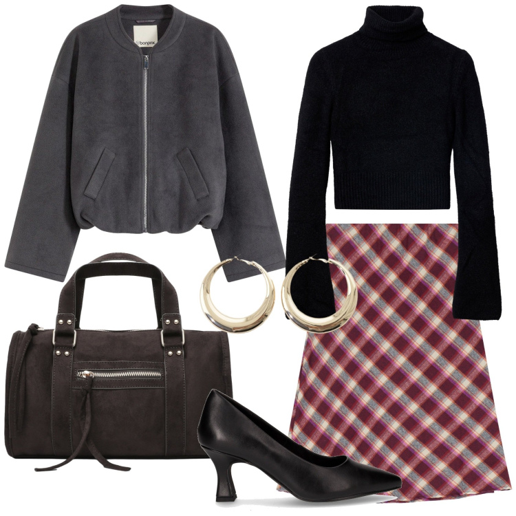 Outfit donna - Total look #2286845. Stile Chic per Ufficio. Abbinamento con bomber, maglieria, borse a mano, orecchini, gonne, décolleté.