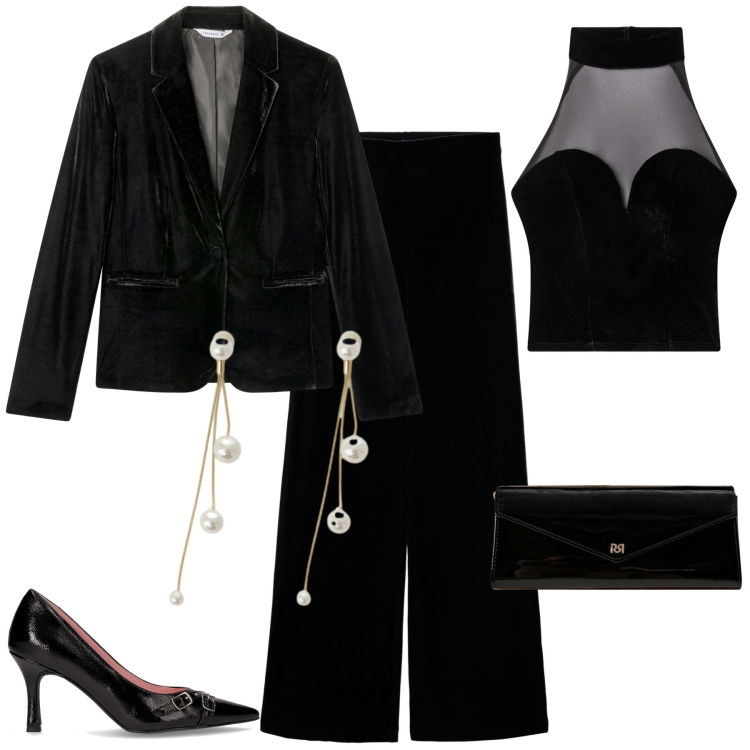 Outfit donna - Tailleur di velluto. Stile Glamour per Serata fuori. Abbinamento con pantaloni, top, blazer, pochette, orecchini, décolleté.