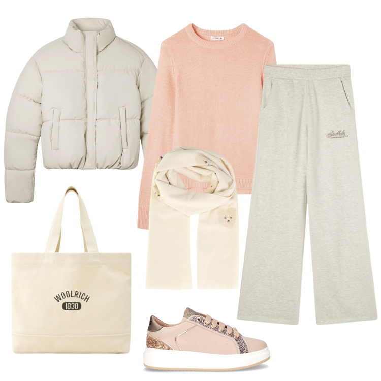 Outfit donna - Total look #2286849. Stile Casual per Tutti i giorni. Abbinamento con sciarpe, maglieria, pantaloni, bomber, borse tote, sneakers.