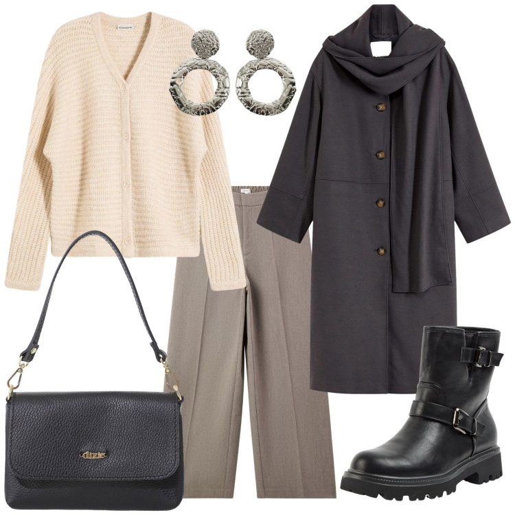 Outfit donna - Total look #2286850. Stile Casual chic per Ufficio. Abbinamento con cappotti, cardigans, stivaletti, pantaloni, orecchini, borse a tracolla.