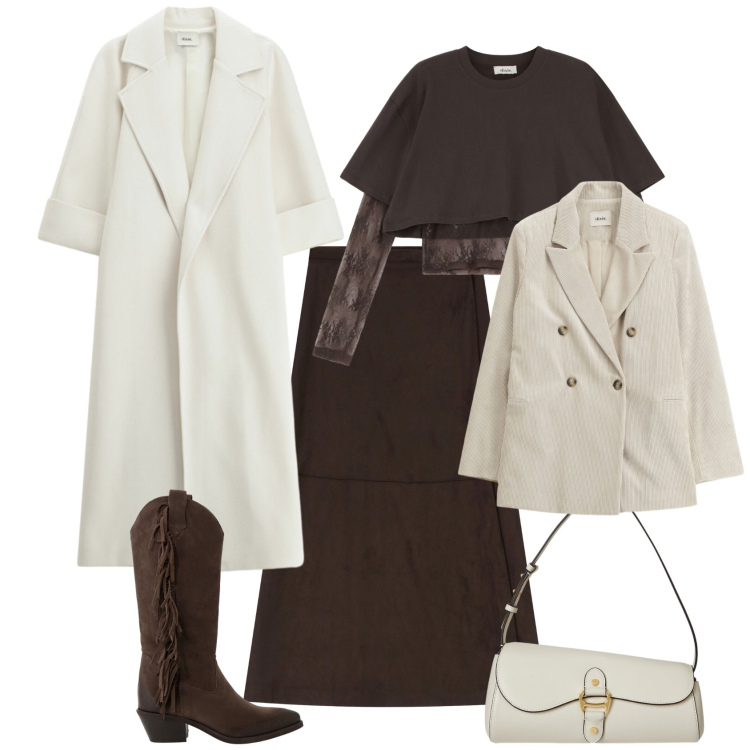 Outfit donna - Trendy in bianco e marrone. Stile Trendy per Tutti i giorni. Abbinamento con top, gonne lunghe, stivali, blazer, cappotti, borse a spalla.