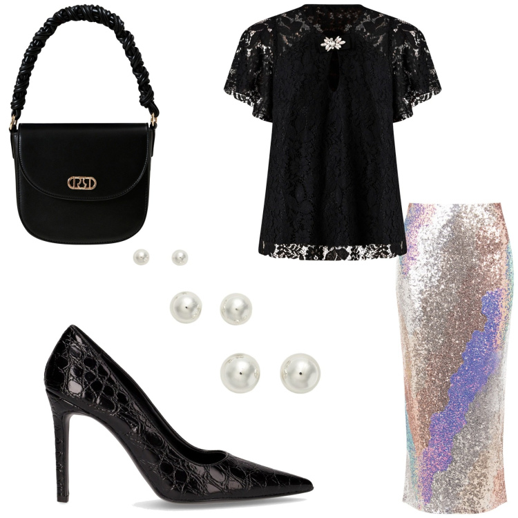 Outfit donna - Rinascimento: black friday scintillante. Stile Glamour per Serata fuori. Abbinamento con borse a mano, gonne longuette, bluse, orecchini, décolleté.