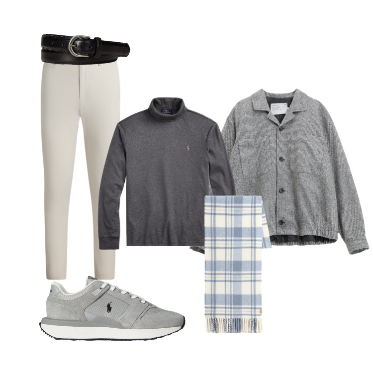 Outfit uomo - In città. Stile Trendy per Tutti i giorni. Abbinamento con cappotti, polo, cinture, pantaloni, sneakers, sciarpe.