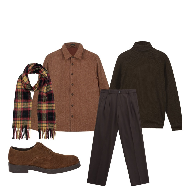 Outfit uomo - In tono. Stile Trendy per Tutti i giorni. Abbinamento con pantaloni, scarpe stringate, sciarpe, pullovers, cappotti.