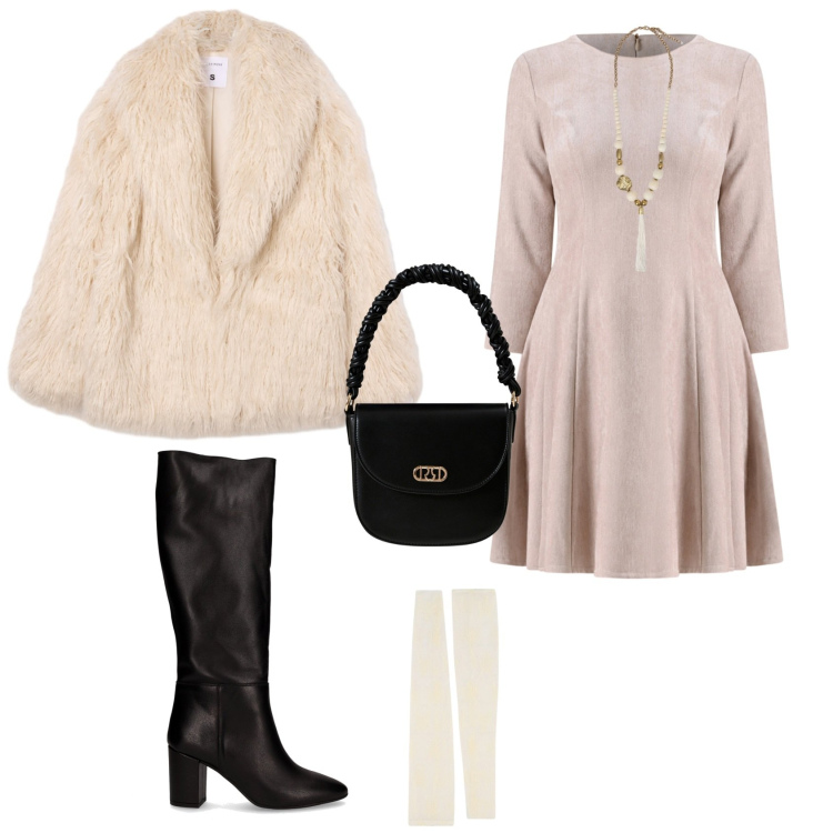 Outfit donna - Chic feste eventi serate speciali. Stile Chic per Tutti i giorni. Abbinamento con vestiti corti, borse a mano, ecopellicce, guanti, ciondoli, stivali.