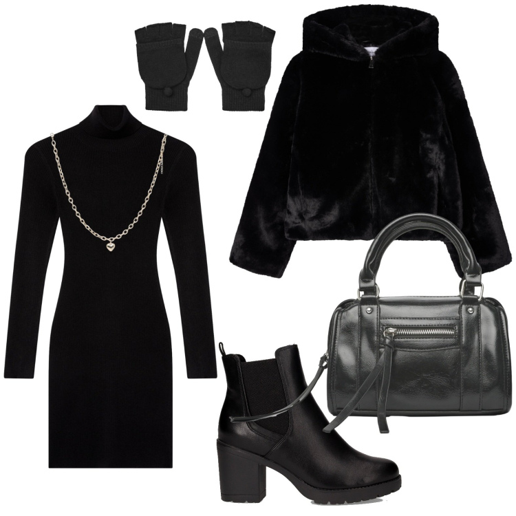 Outfit donna - Terranova - Black Friday 2025. Stile Chic per Serata fuori. Abbinamento con collane, vestiti corti, guanti, ecopellicce, borse a mano, stivaletti chelsea.