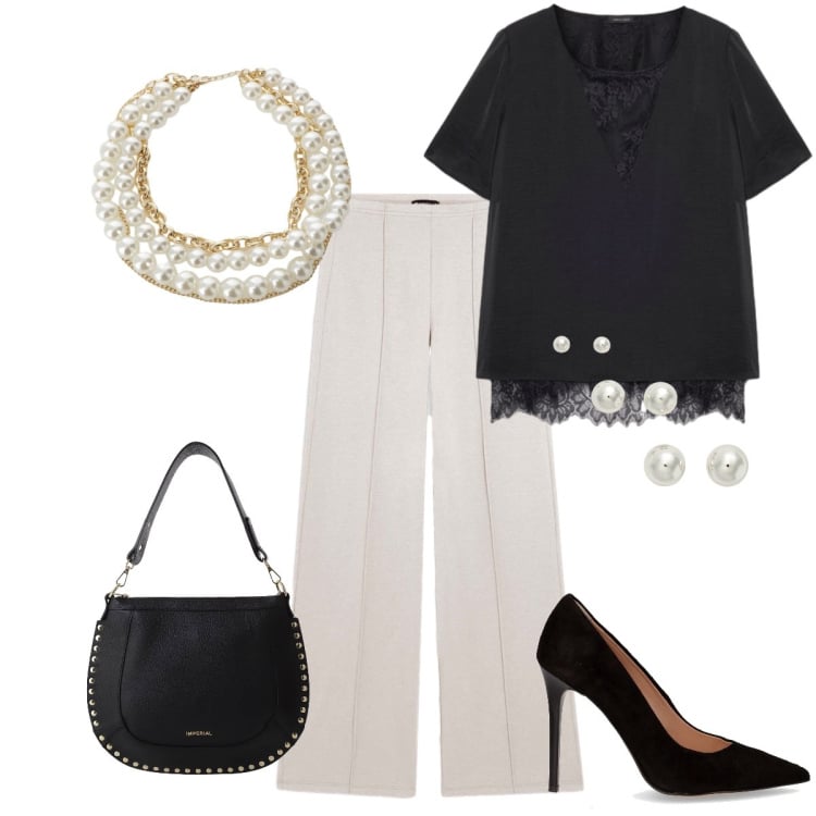 Outfit donna - L\'eleganza del bianco e nero. Stile Preppy per Serata fuori. Abbinamento con borse a spalla, pantaloni, collane, orecchini, bluse, décolleté.