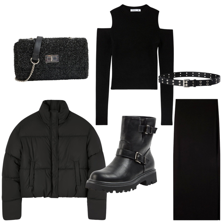 Outfit donna - Terranova - Black Friday 2025. Stile Glamour per Serata fuori. Abbinamento con gonne lunghe, maglieria, stivaletti, bomber, cinture, borse a tracolla.