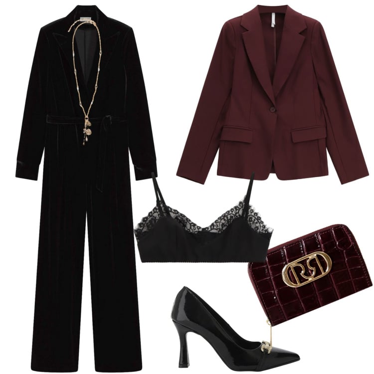 Outfit donna - Jumpsuit di velluto. Stile Chic per Serata fuori. Abbinamento con tute, portafogli, bralette, blazer, décolleté, ciondoli.