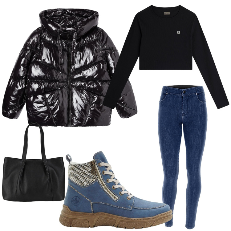 Outfit donna - La giacca bomber Terranova. Stile Basic per Tutti i giorni. Abbinamento con stivaletti, shopping bag, bomber, jeans skinny, maglieria.