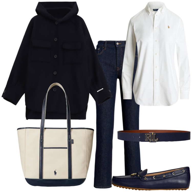 Outfit donna - Sabato pomeriggio. Stile Casual per Tutti i giorni. Abbinamento con cappotti, jeans bootcut, mocassini, camicie, borse tote, cinture.