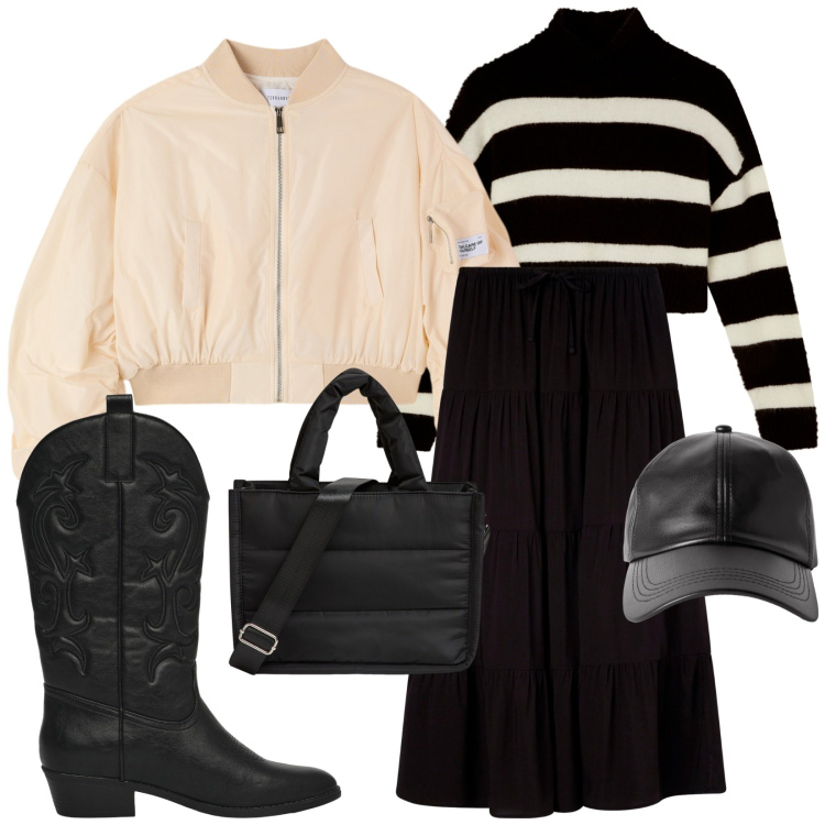 Outfit donna - Nero versatile. Stile Urban per Scuola/Università. Abbinamento con gonne lunghe, shopping bag, cappelli con visiera, stivaletti texani, maglieria, bomber.