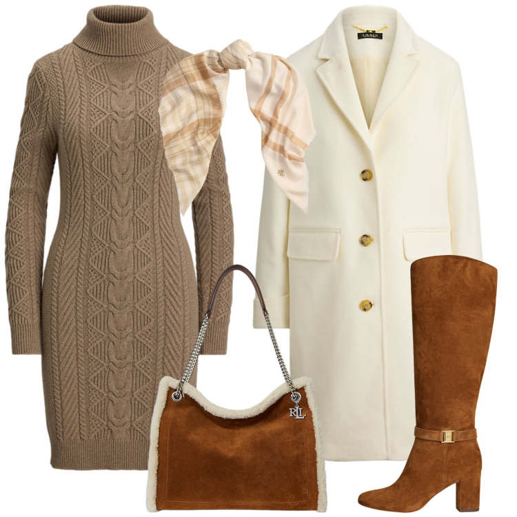 Outfit donna - Molto cozy e molto chic. Stile Casual chic per Ufficio. Abbinamento con stivali, cappotti, sciarpe, vestiti, borse tote.