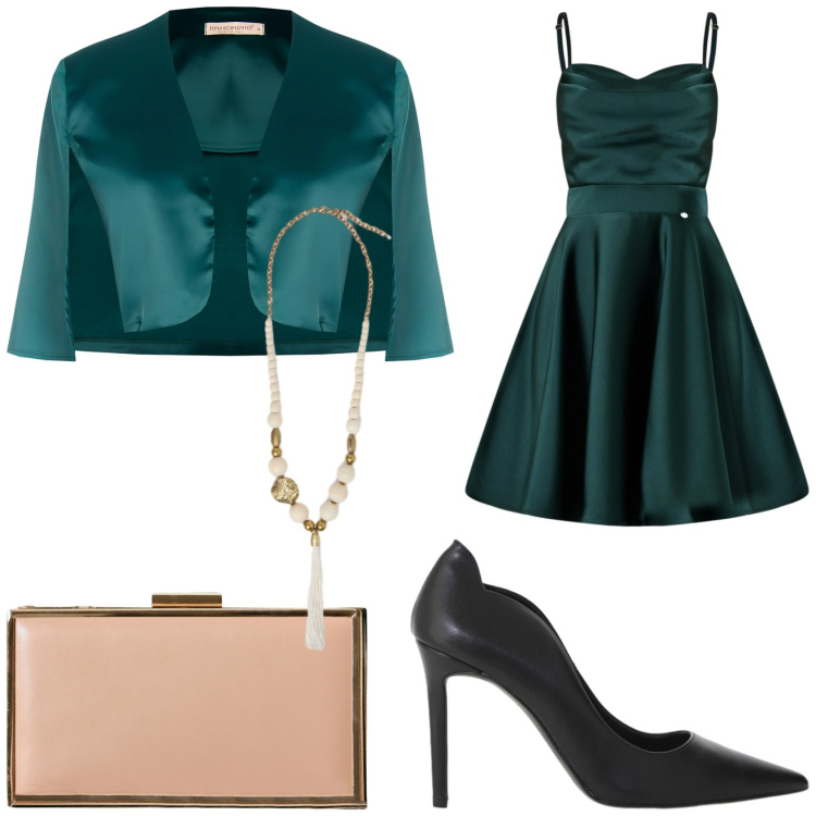 Outfit donna - Glamour e romantico novembre. Stile Glamour per Cerimonia. Abbinamento con vestiti corti, bolero, pochette, décolleté, ciondoli.