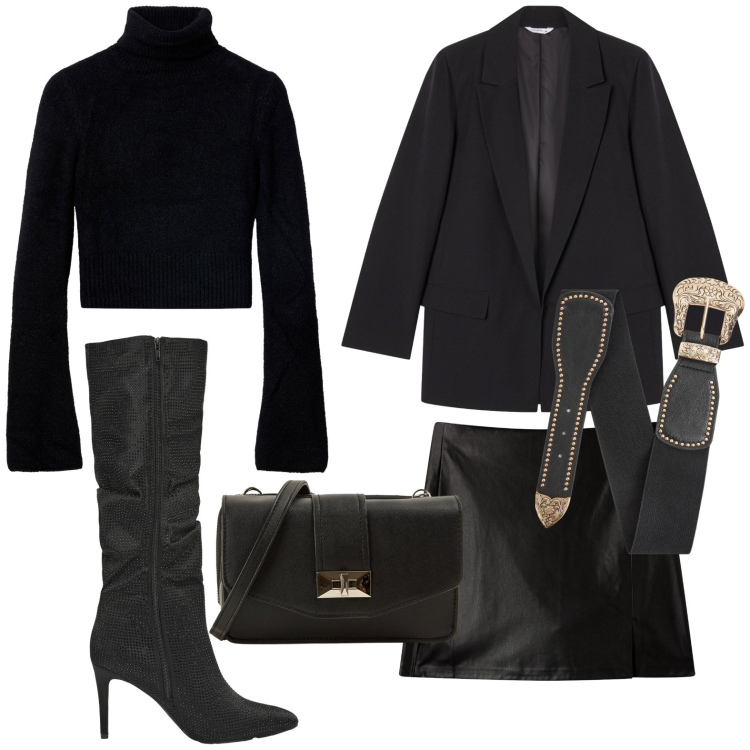 Outfit donna - Terranova - Black Friday 2025. Stile Glamour per Serata fuori. Abbinamento con minigonne, cinture, stivali, maglieria, blazer, borse a tracolla.