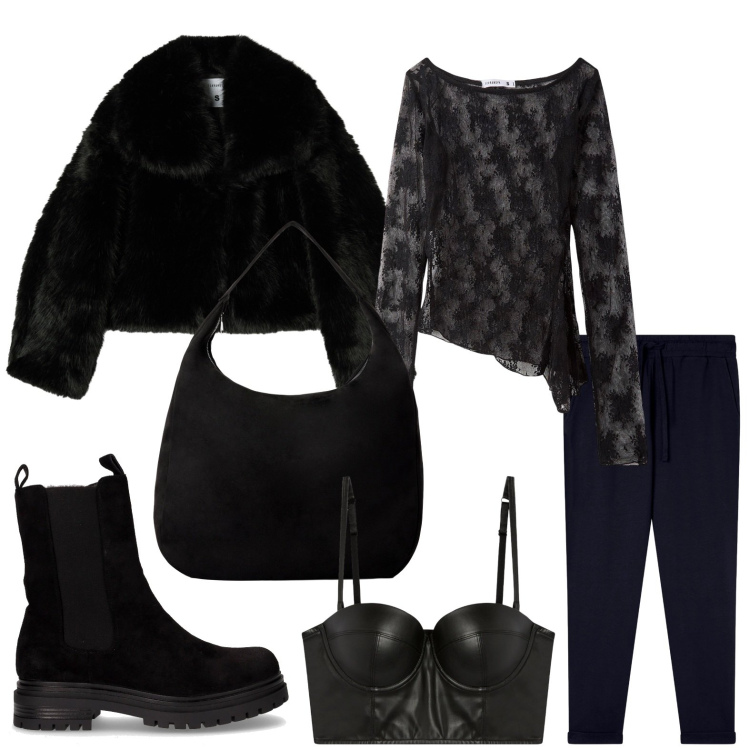 Outfit donna - Terranova - Black Friday 2025. Stile Romantica per Serata fuori. Abbinamento con maglieria, ecopellicce, borse a mano, bralette, pantaloni, stivaletti chelsea.