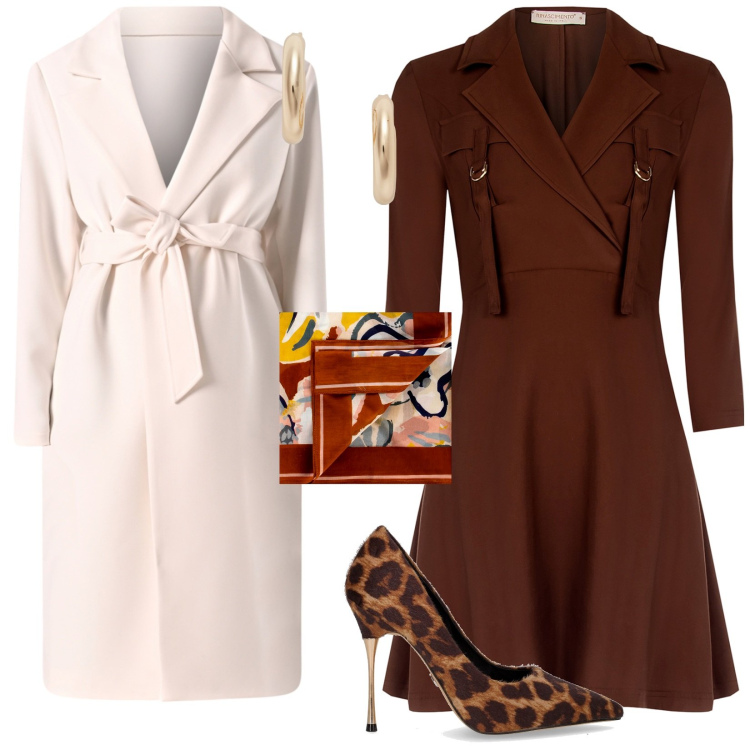 Outfit donna - Icona di eleganza. Stile Glamour per Cerimonia. Abbinamento con foulard, cappotti, vestiti midi/longuette, orecchini, décolleté.
