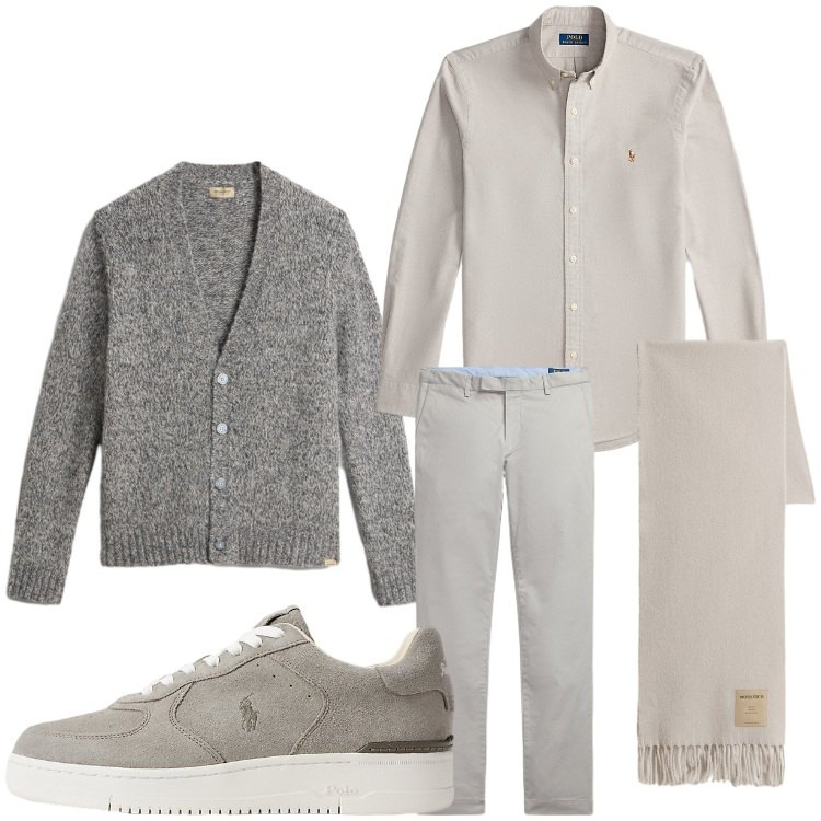 Outfit uomo - Inizio settimana. Stile Business/Elegante per Ufficio. Abbinamento con sneakers, pantaloni, camicie, cardigans, sciarpe.