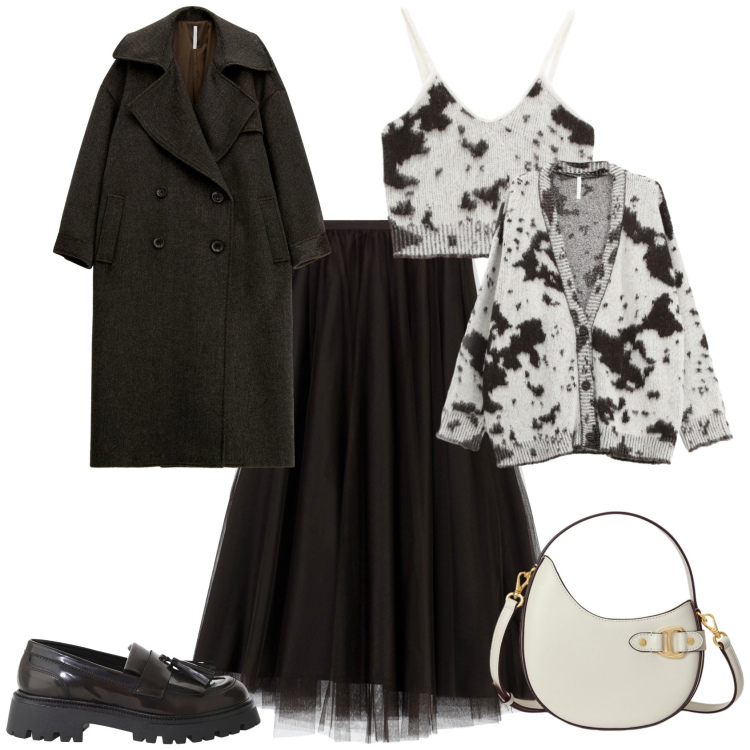 Outfit donna - Casual chic per tutti i giorni. Stile Casual chic per Tutti i giorni. Abbinamento con top, gonne lunghe, cappotti, cardigans, mocassini, borse a tracolla.