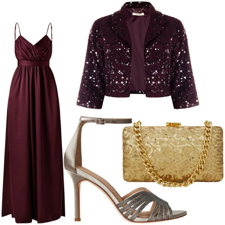 Outfit donna - Look delle feste. Stile Chic per Serata fuori. Abbinamento con vestiti lunghi, bolero, sandali gioiello, clutch.