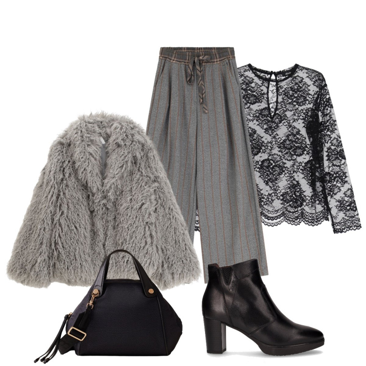 Outfit donna - Serata Glam eleganza e seduzione. Stile Glamour per Serata fuori. Abbinamento con ecopellicce, borse a mano, pantaloni a palazzo, top, stivaletti.