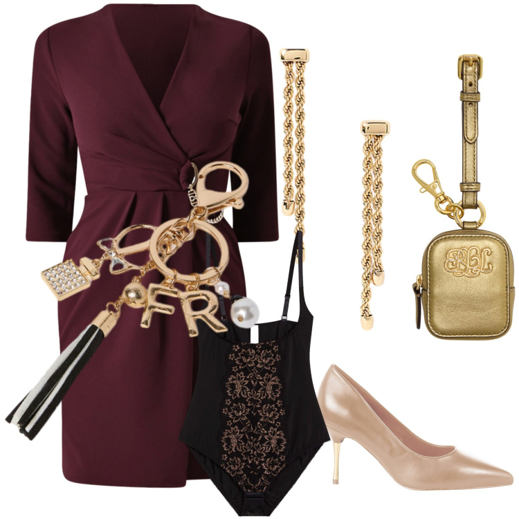 Outfit donna - Chic come Miranda. Stile Bon Ton per Serata fuori. Abbinamento con body, vestiti, décolleté, pochette, orecchini, portachiavi.